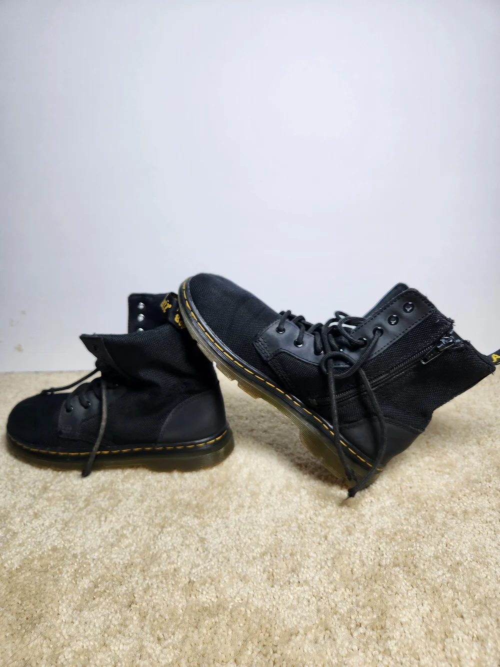 Black Men's Lace-Up Canvas Boots with Yellow Stitching